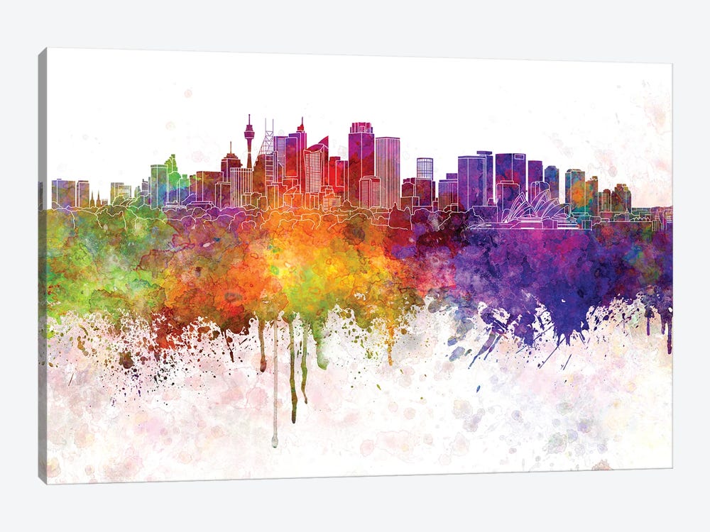Sydney V2 Skyline In Watercolor Background by Paul Rommer 1-piece Canvas Wall Art