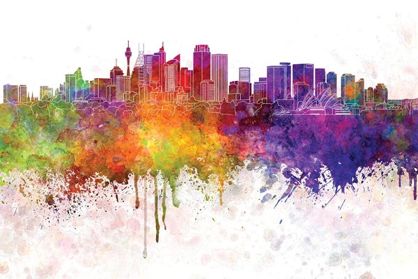 New South Wales: Sydney V2 Skyline In Watercolor Background by Paul Rommer