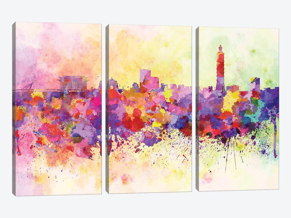 Taipei Skyline In Watercolor Background by Paul Rommer 3-piece Canvas Wall Art