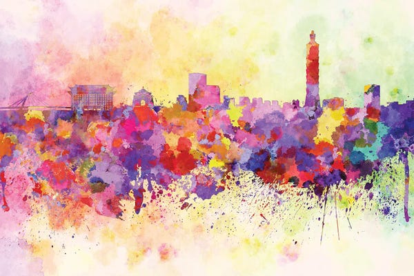 Taiwan: Taipei Skyline In Watercolor Background by Paul Rommer