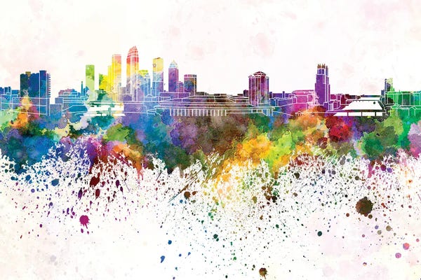 Paul Rommer: Tampa Skyline In Watercolor Background by Paul Rommer