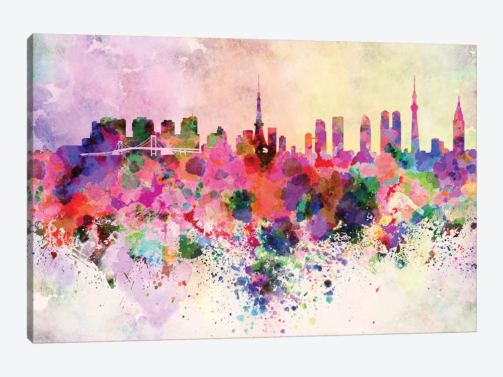 Tokyo Skyline In Watercolor Background by Paul Rommer 1-piece Canvas Print