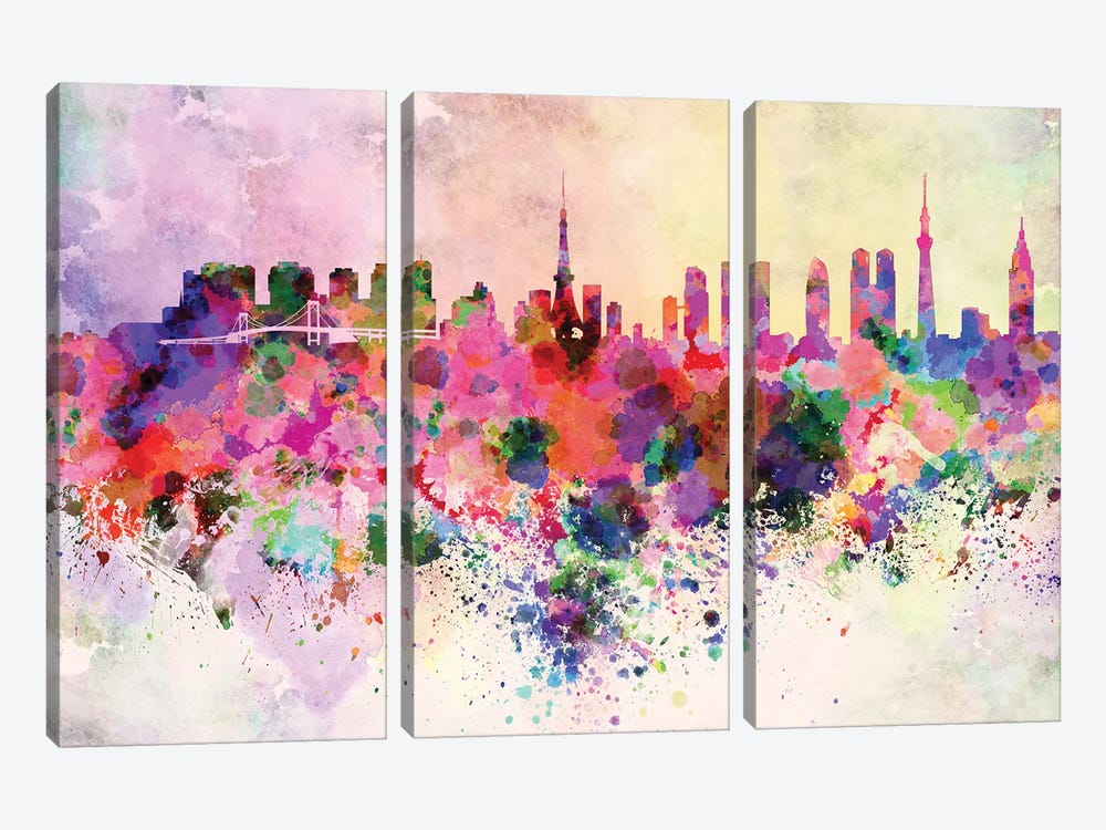 Tokyo Skyline In Watercolor Background by Paul Rommer 3-piece Art Print