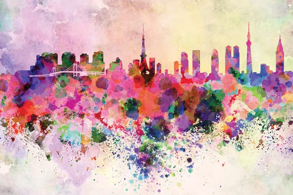 Tokyo: Tokyo Skyline In Watercolor Background by Paul Rommer