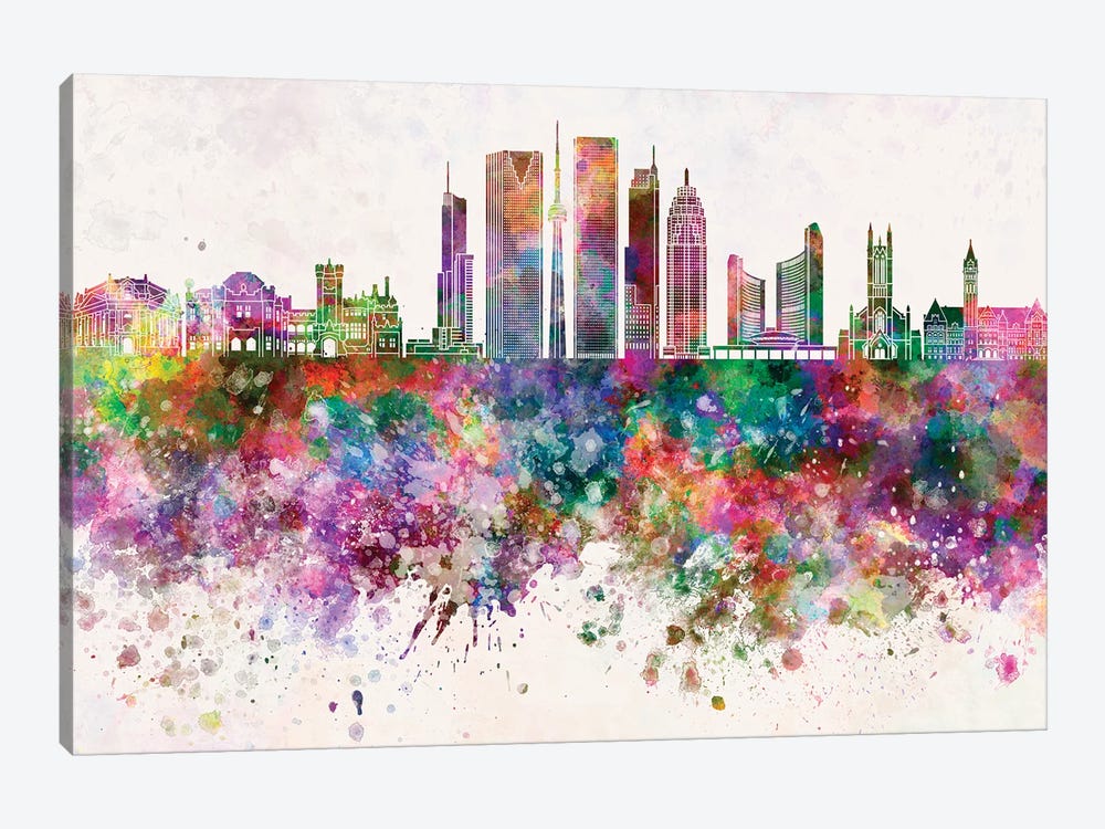 Toronto V2 Skyline In Watercolor Background by Paul Rommer 1-piece Canvas Art