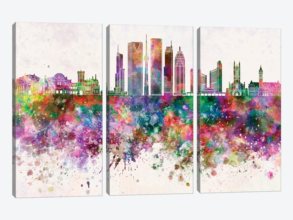 Toronto V2 Skyline In Watercolor Background by Paul Rommer 3-piece Canvas Art