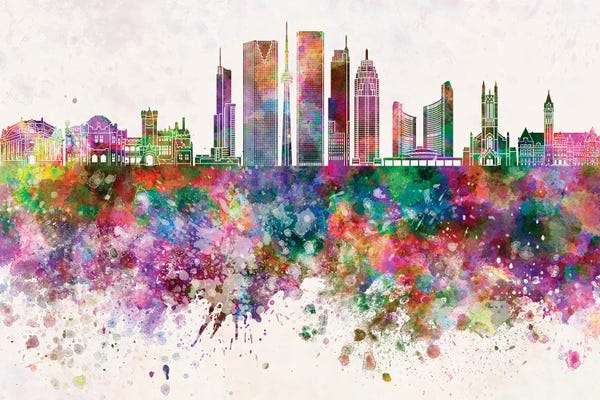 Ontario: Toronto V2 Skyline In Watercolor Background by Paul Rommer