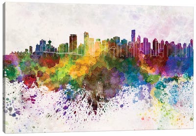 Vancouver Skyline In Watercolor Background Canvas Art Print - British Columbia Art