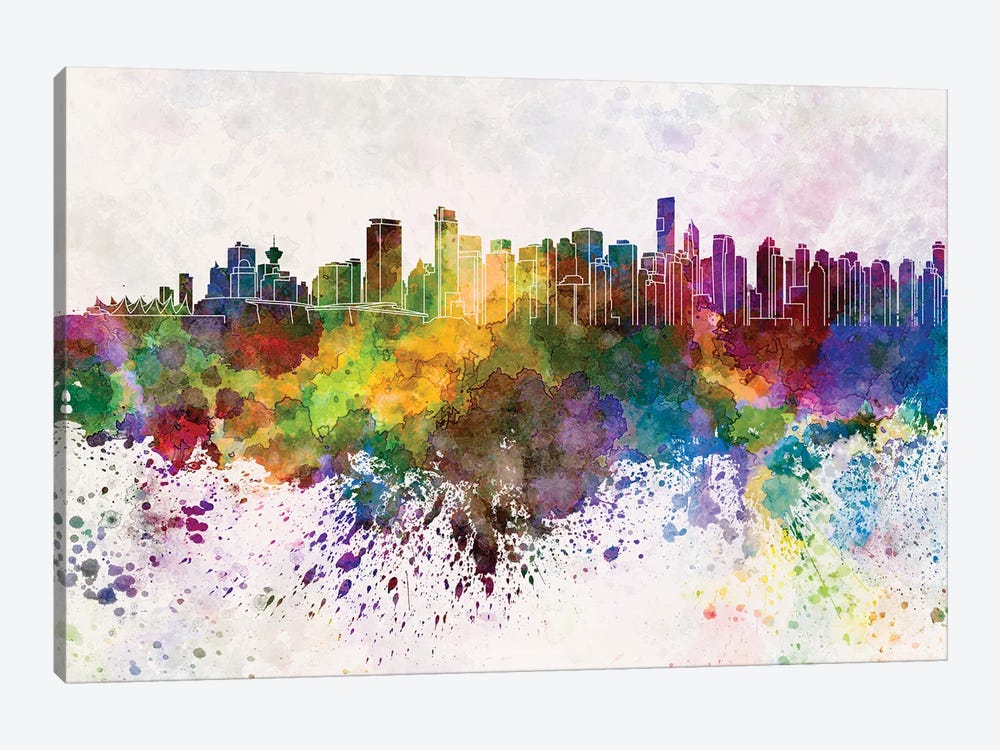 Vancouver Skyline In Watercolor Background by Paul Rommer 1-piece Canvas Art