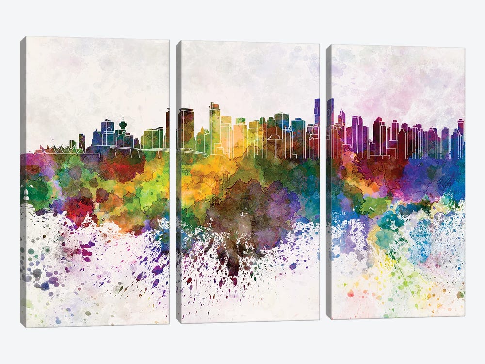 Vancouver Skyline In Watercolor Background by Paul Rommer 3-piece Canvas Artwork