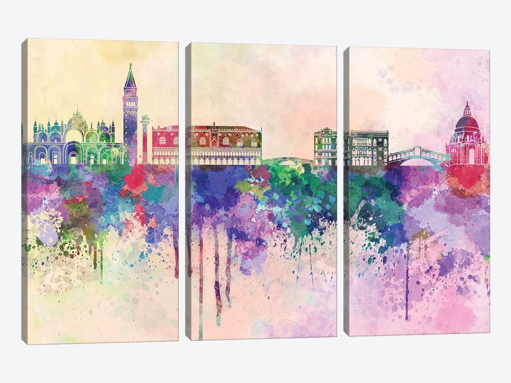 Venice Skyline In Watercolor Background by Paul Rommer 3-piece Canvas Print
