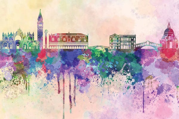 Venice: Venice Skyline In Watercolor Background by Paul Rommer
