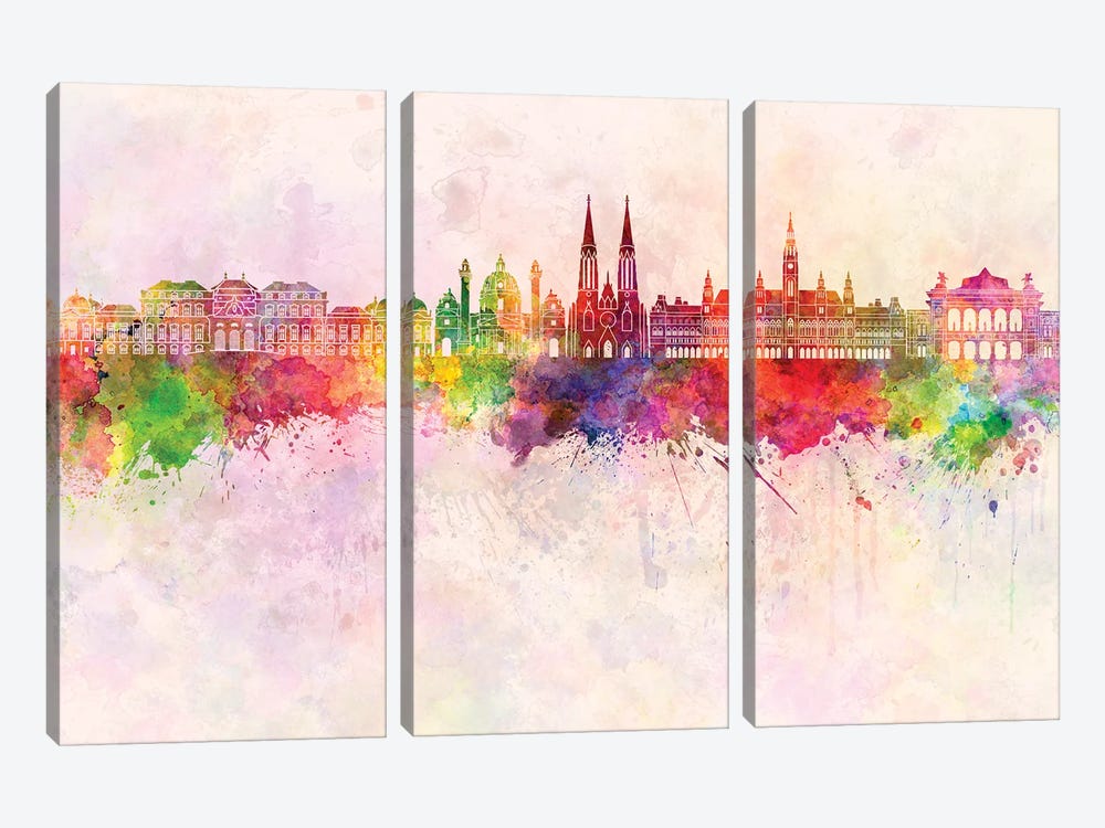 Vienna II Skyline In Watercolor Background by Paul Rommer 3-piece Canvas Artwork