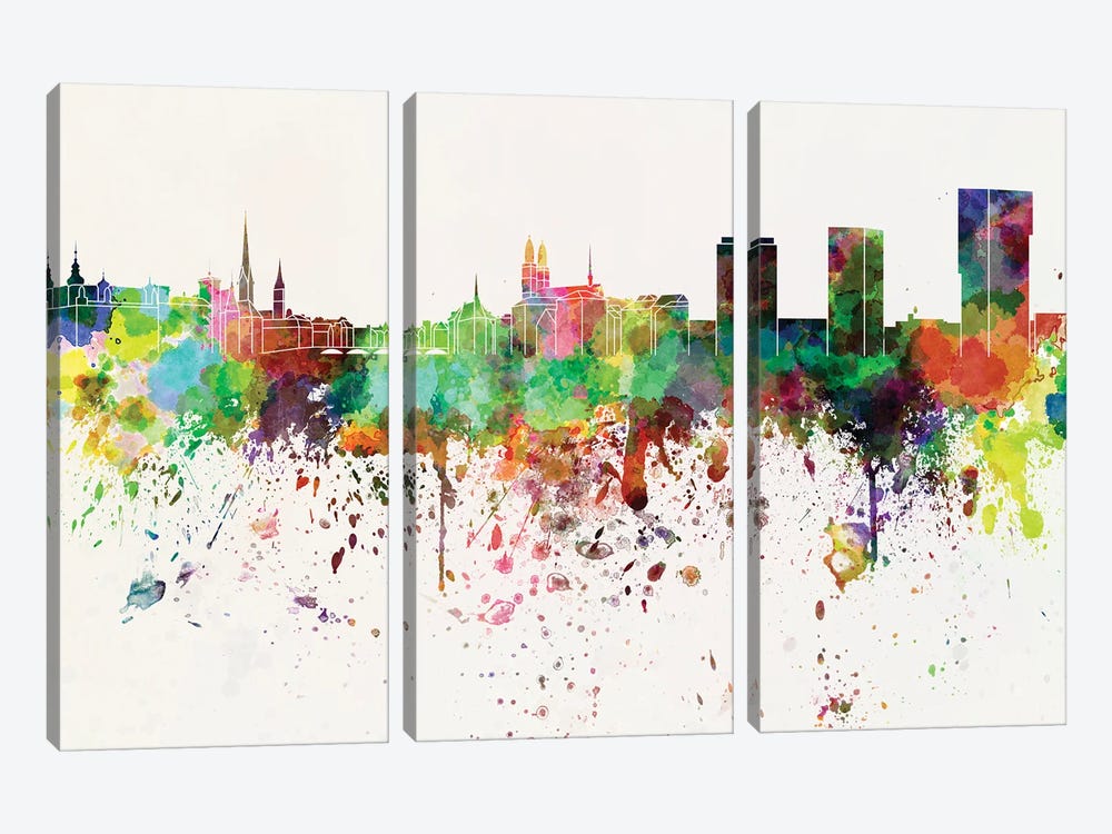 Zurich Skyline In Watercolor Background by Paul Rommer 3-piece Canvas Wall Art