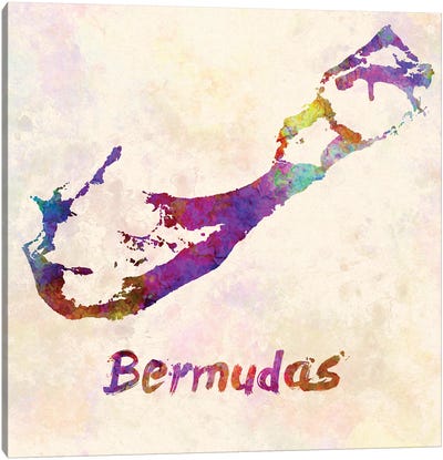 Bermudas Map In Watercolor Canvas Art Print - Bermuda