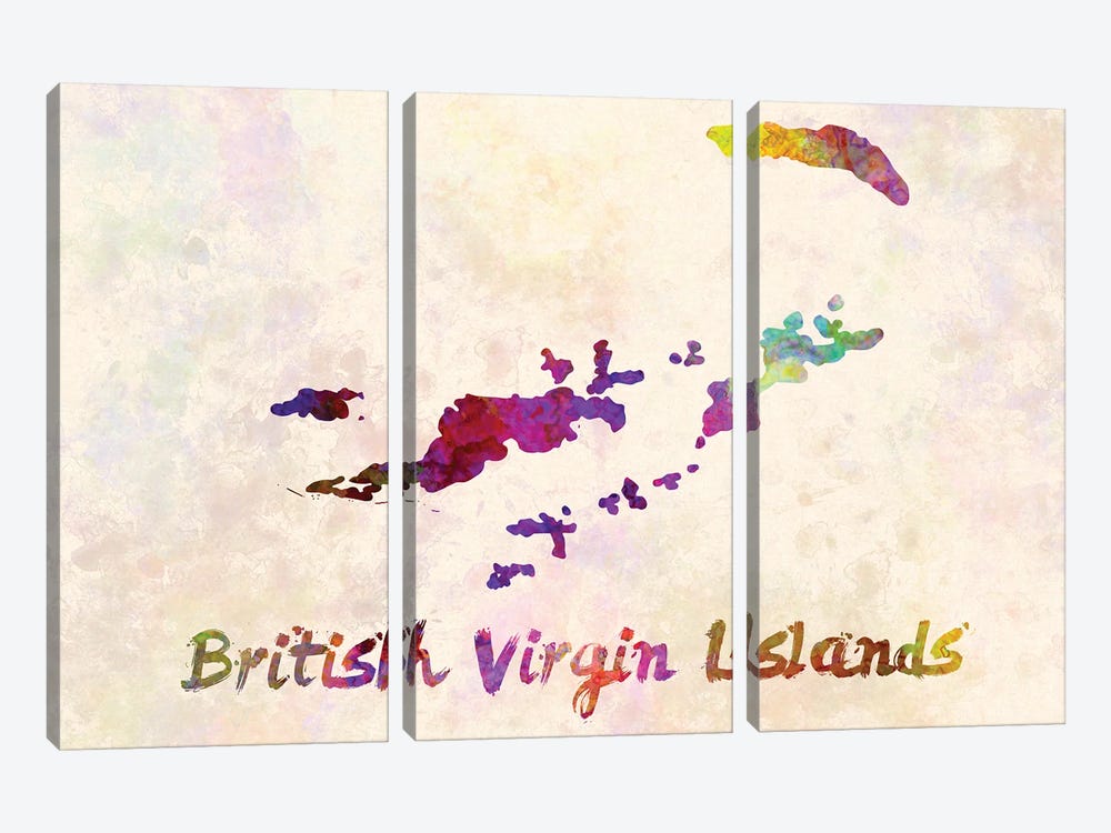 British Virgin Islands Map In Watercolor by Paul Rommer 3-piece Canvas Art