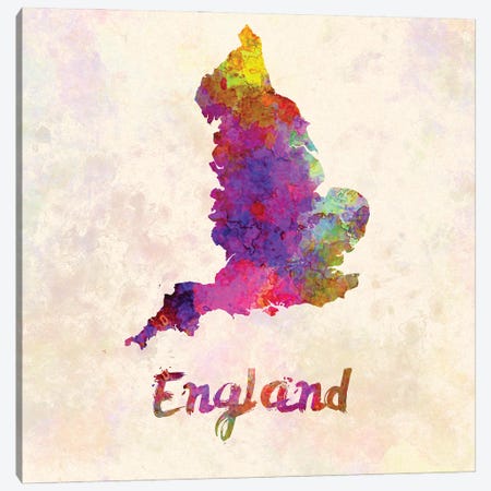 England Map In Watercolor Canvas Print #PUR1765} by Paul Rommer Canvas Wall Art