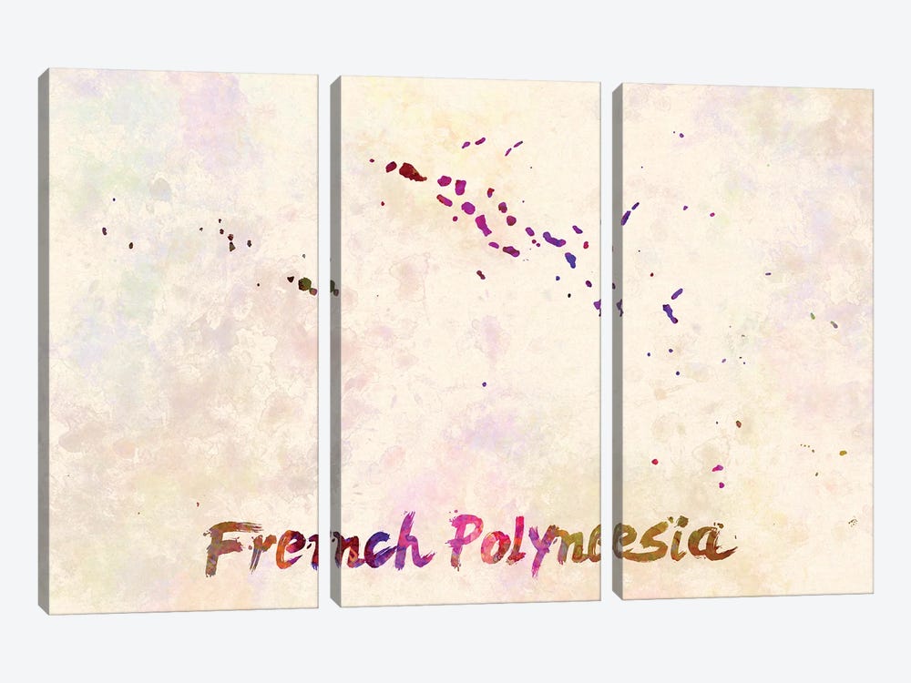 French Polynesia Map In Watercolor by Paul Rommer 3-piece Canvas Artwork