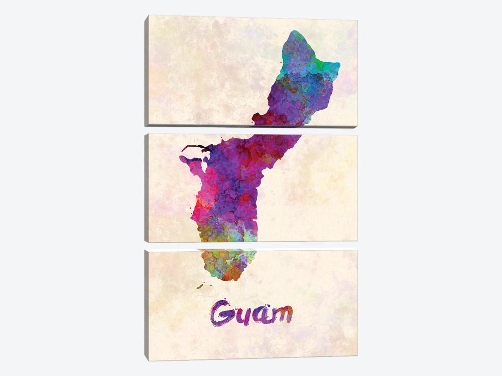 Guam Map In Watercolor by Paul Rommer 3-piece Canvas Wall Art