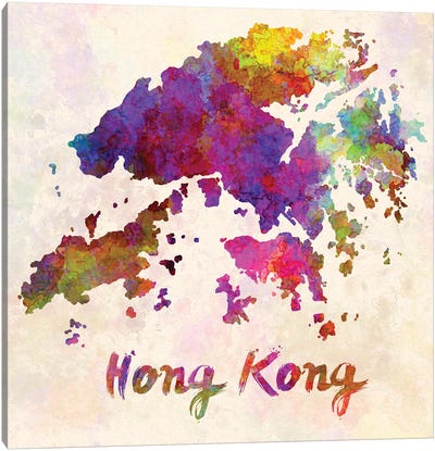 Hong Kong Map In Watercolor Canvas Art Print - Hong Kong Art