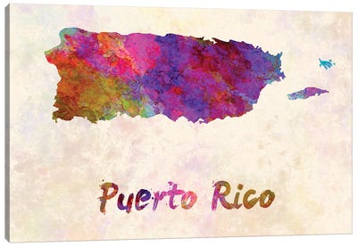 Puerto Rico Map In Watercolor Canvas Art Print - Puerto Rico Art
