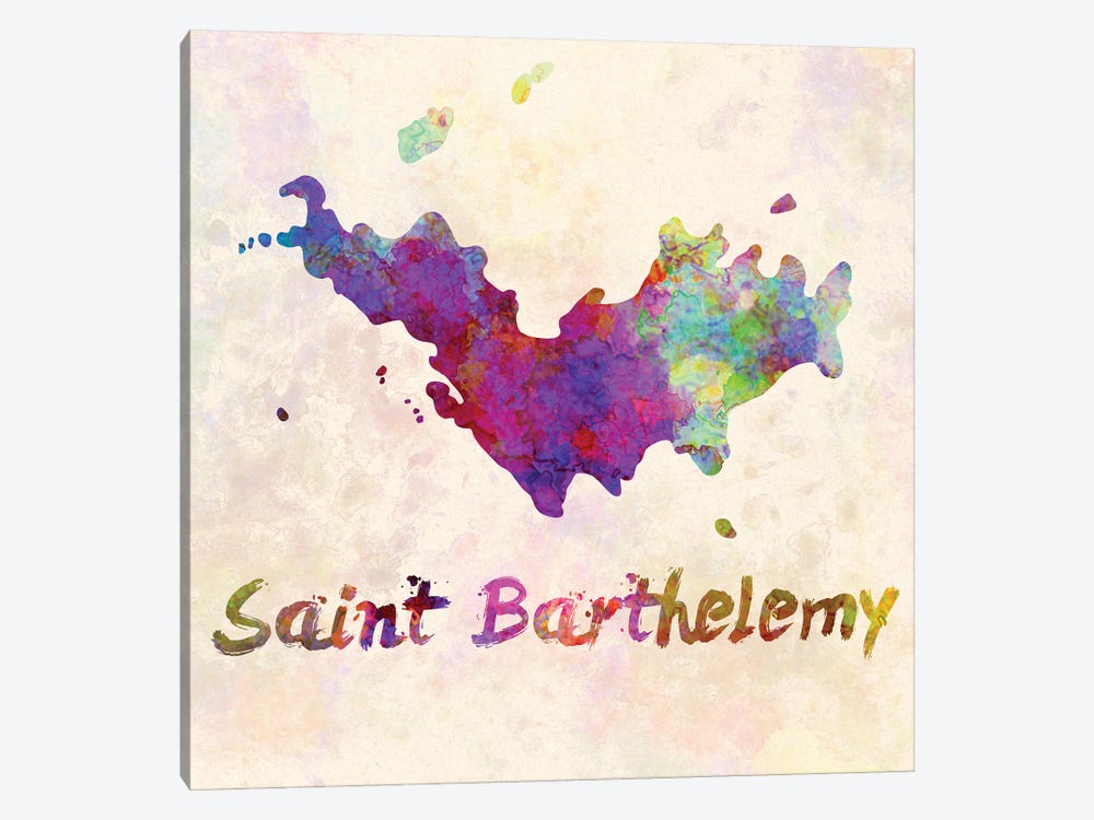 Saint Barthelemy Map In Watercolor by Paul Rommer 1-piece Canvas Artwork