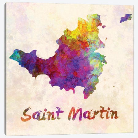 Saint Martin Map In Watercolor Canvas Print #PUR1788} by Paul Rommer Art Print