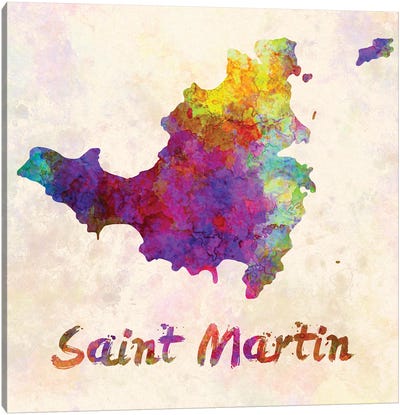Saint Martin Map In Watercolor Canvas Art Print - French Polynesia Art