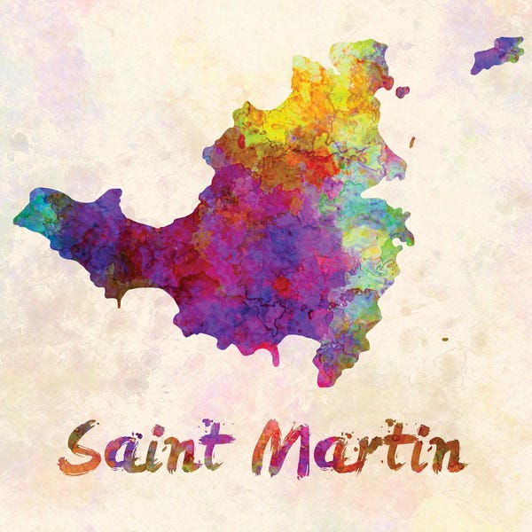 Caribbean: Saint Martin Map In Watercolor by Paul Rommer