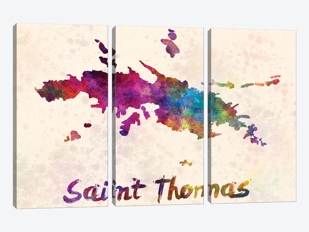 Saint Thomas Map In Watercolor by Paul Rommer 3-piece Canvas Wall Art