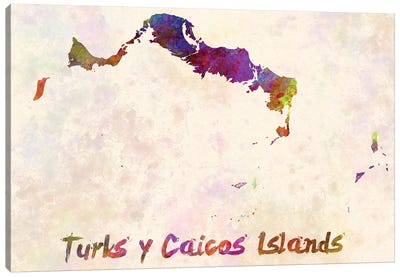 Turks Y Caicos Islands Map In Watercolor Canvas Art Print - Caribbean Art