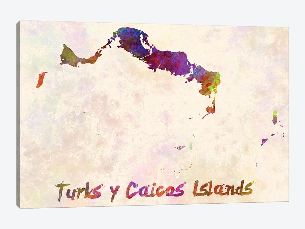 Turks Y Caicos Islands Map In Watercolor by Paul Rommer 1-piece Canvas Art Print