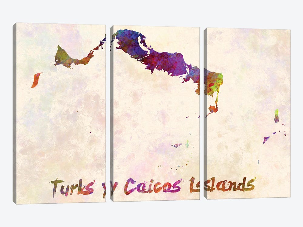 Turks Y Caicos Islands Map In Watercolor by Paul Rommer 3-piece Canvas Art Print