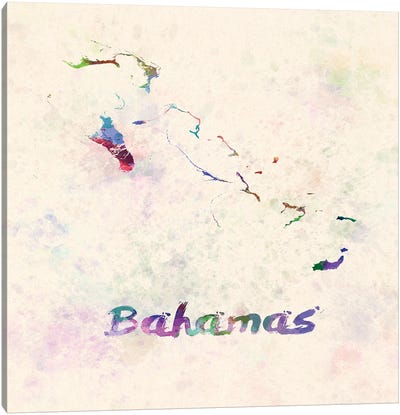 Bahamas Map In Watercolor Canvas Art Print - Bahamas