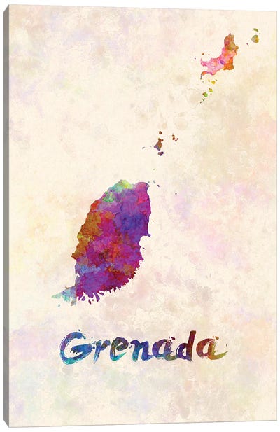 Grenada Map In Watercolor Canvas Art Print - Country Maps