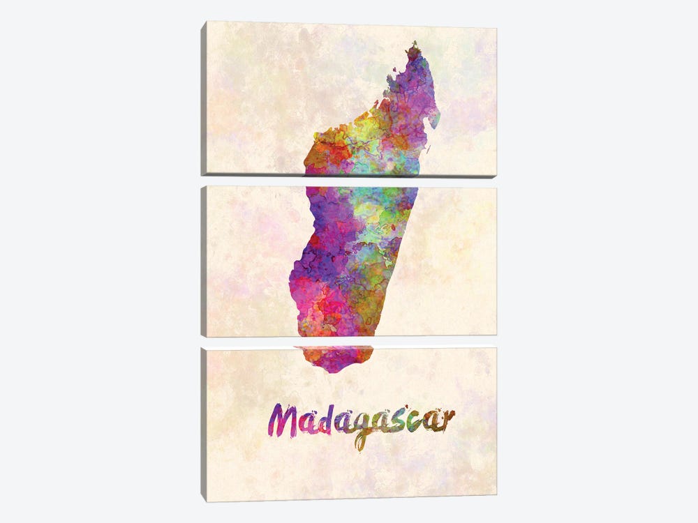 Madagascar Map In Watercolor by Paul Rommer 3-piece Canvas Wall Art