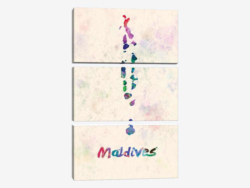 Maldives Map In Watercolor by Paul Rommer 3-piece Canvas Print