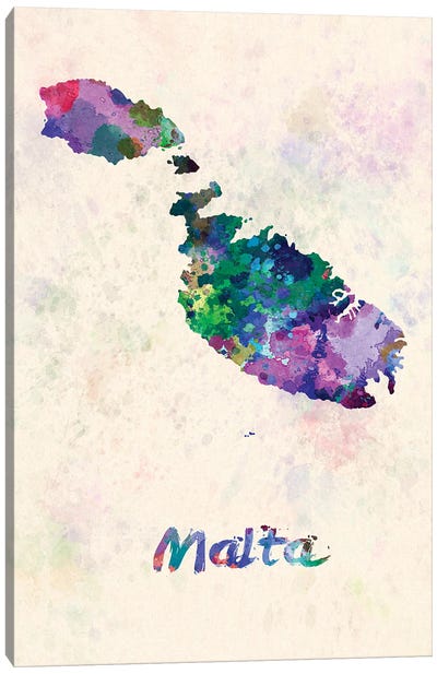 Malta Map In Watercolor Canvas Art Print - Malta