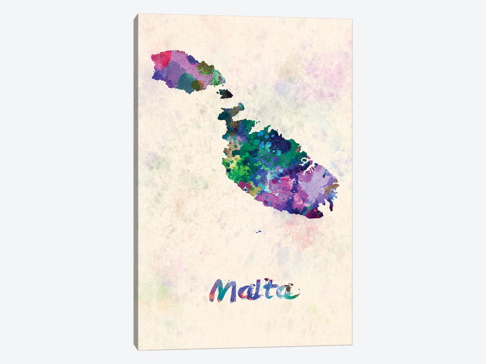 Malta Map In Watercolor by Paul Rommer 1-piece Canvas Wall Art