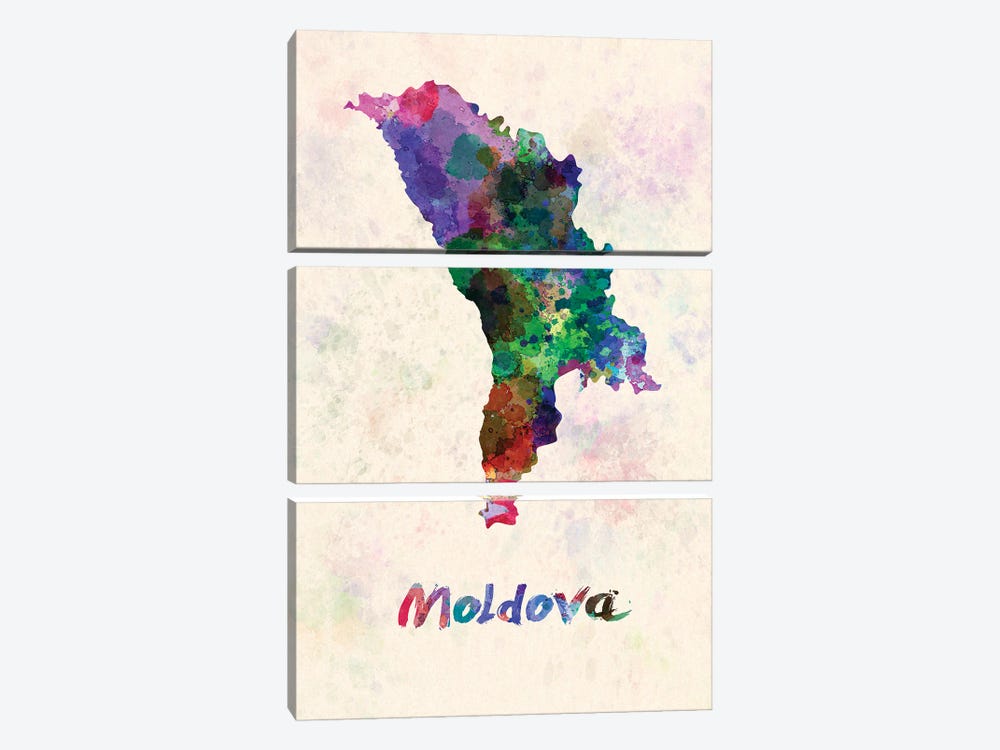 Moldova Map In Watercolor by Paul Rommer 3-piece Canvas Art