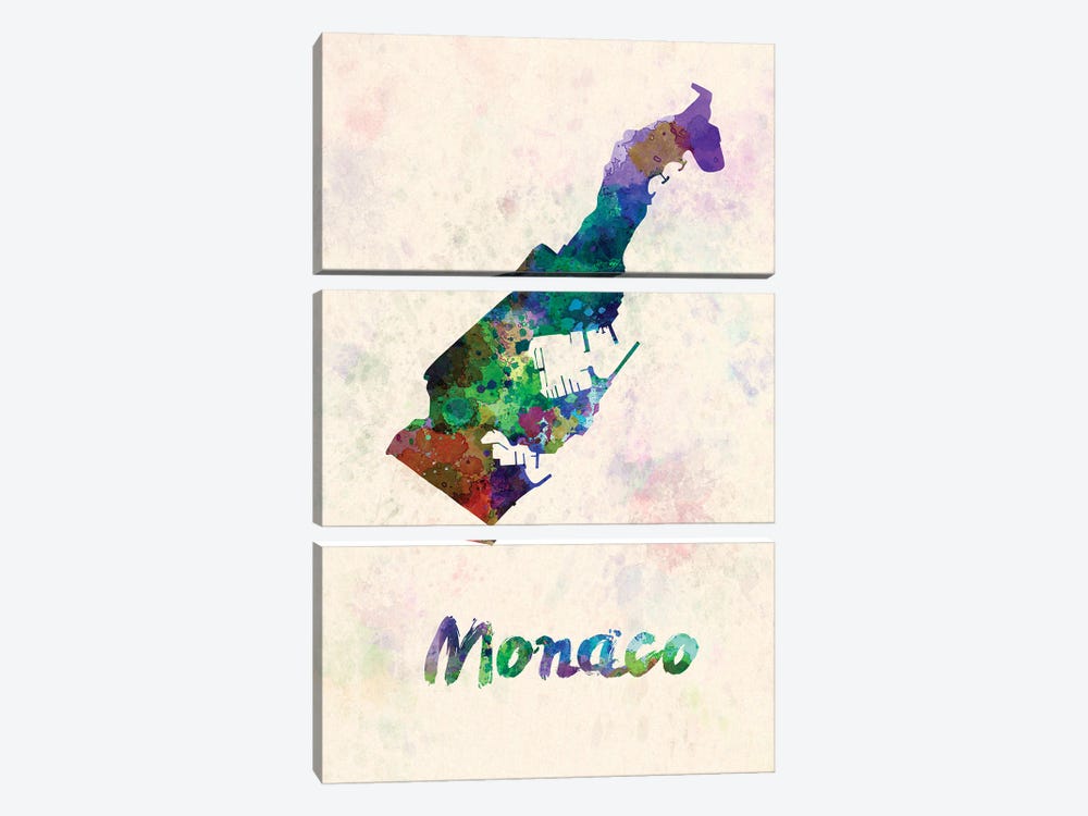 Monaco Map In Watercolor by Paul Rommer 3-piece Canvas Artwork