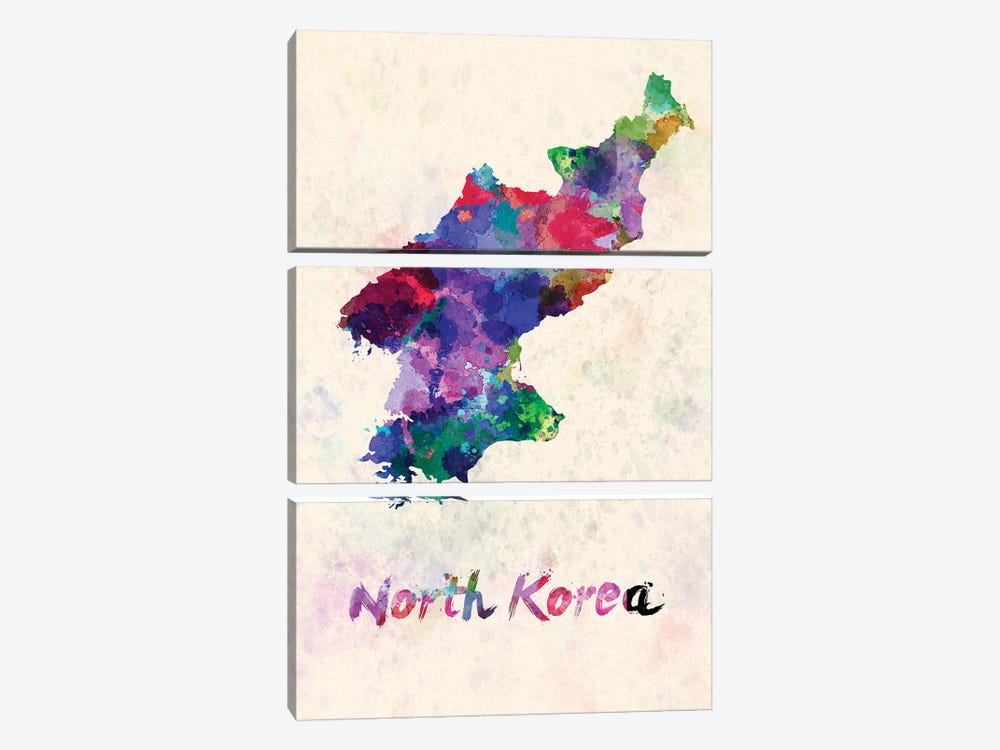 North Korea Map In Watercolor by Paul Rommer 3-piece Canvas Print