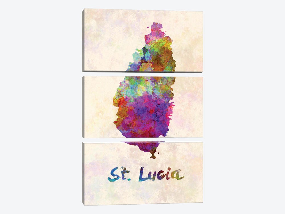 St Lucia Map In Watercolor by Paul Rommer 3-piece Canvas Art Print