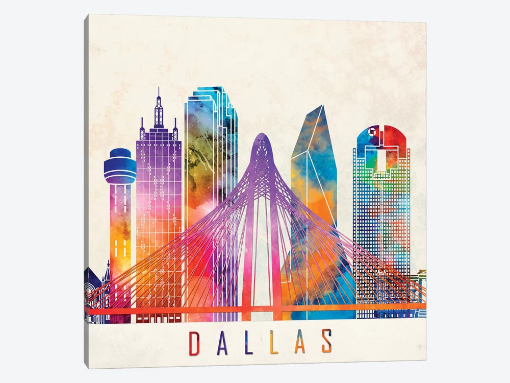 Dallas Landmarks Watercolor Poster by Paul Rommer 1-piece Canvas Art