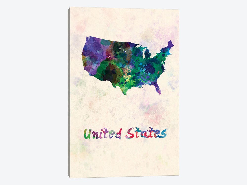 United States Map In Watercolor by Paul Rommer 1-piece Canvas Wall Art