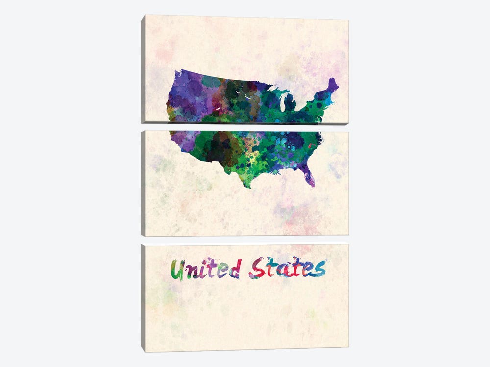 United States Map In Watercolor by Paul Rommer 3-piece Canvas Wall Art