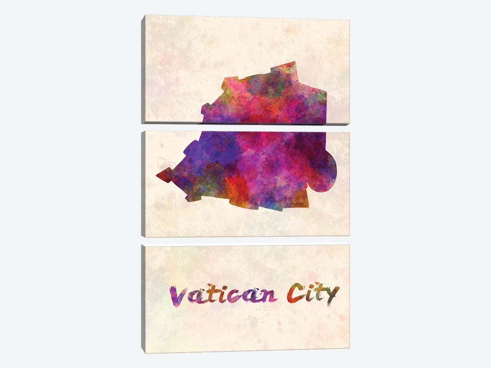 Vatican City Map In Watercolor by Paul Rommer 3-piece Canvas Artwork