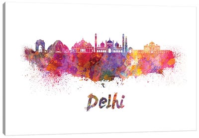 Delhi Skyline In Watercolor Canvas Art Print - New Delhi