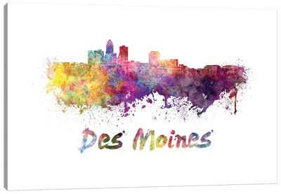 Des Moines Skyline In Watercolor Canvas Art Print - Iowa Art