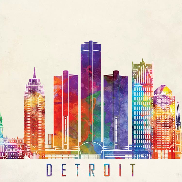 Detroit Landmarks Watercolor Poster